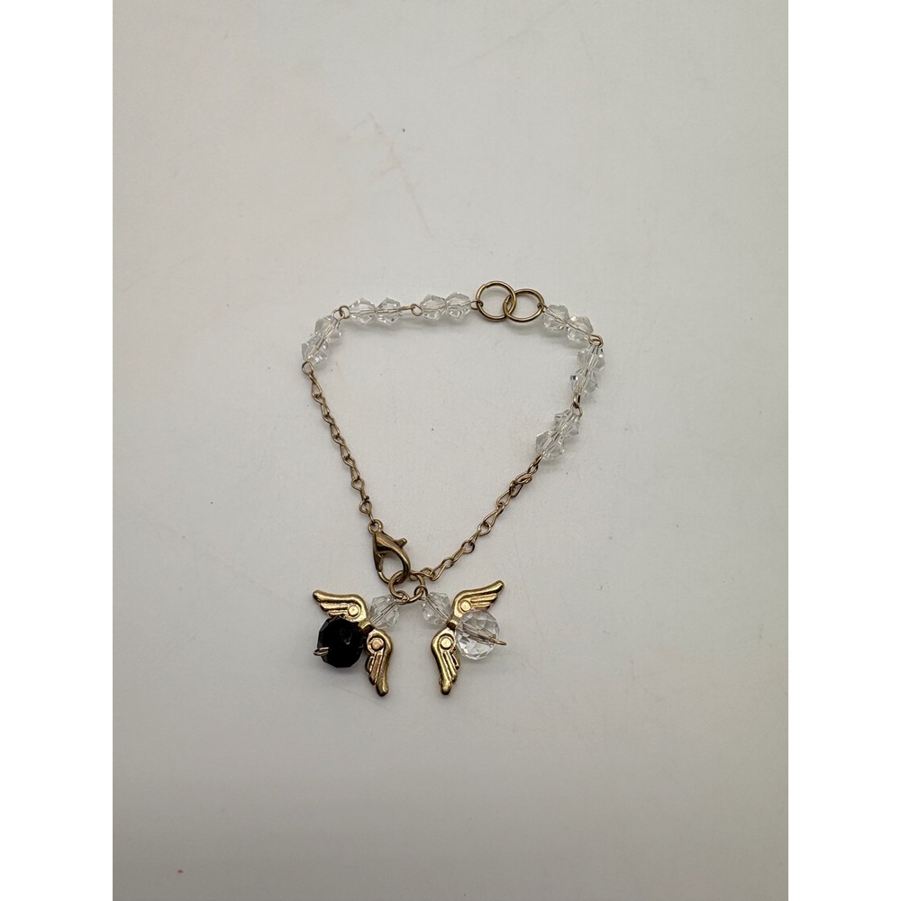 Gold Tone Angel Wing Crystal Beaded Charm Bracelet Black Clear Celestial